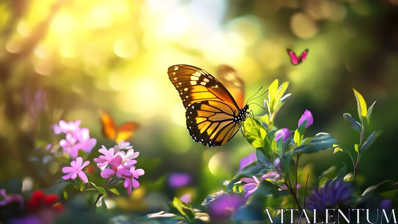 Sunlit monarch butterfly hovering over vivid garden blooms.