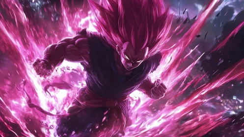 Pink energy warrior in forward motion amid dark environment.