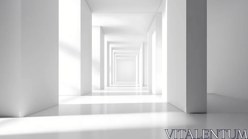 Receding Corridor of Pure White Geometric Forms.