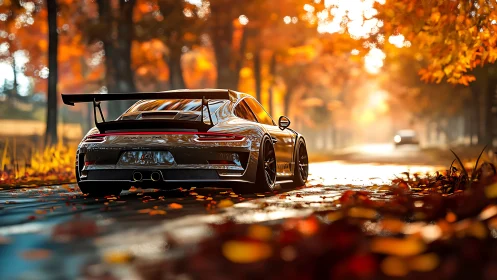Autumn flare supercar idling in a tunnel of burning leaves.