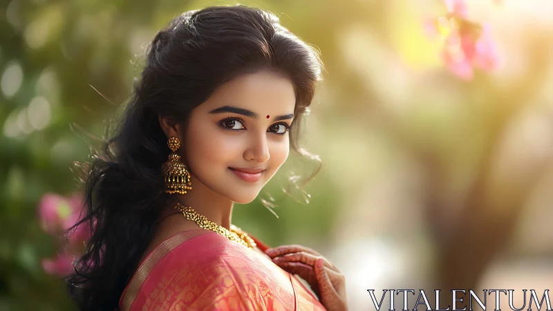 Optically luminous portrait in traditional saree attire.