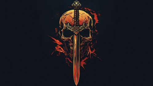 Flaming skull and sword emblem rendered in stylized digital art