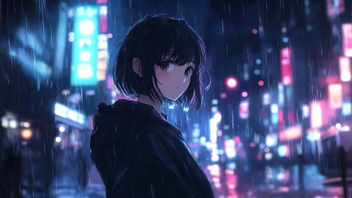 Girl with dark bob in rainy neon city street at night.