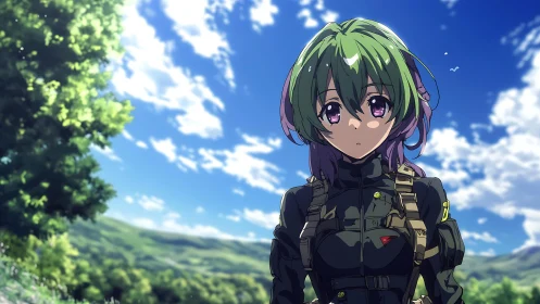 Green haired anime soldier in tactical gear outdoors.
