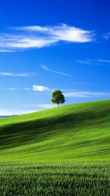 Solitary tree on sloped green field under clear blue sky.