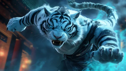 Armored white tiger warrior leaps through blue mystical flames