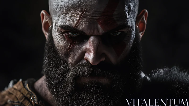 Warrior close-up with scarred face, war paint, intense gaze.