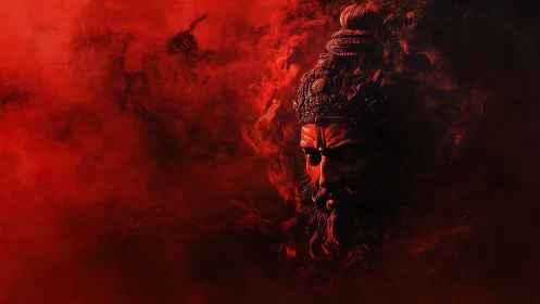 Divine warrior&rsquo;s burning visage emerges from shadowed crimson mist