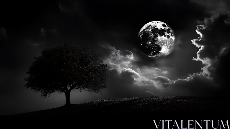 Midnight hillside listens quietly to a storm-lit, cracked moon