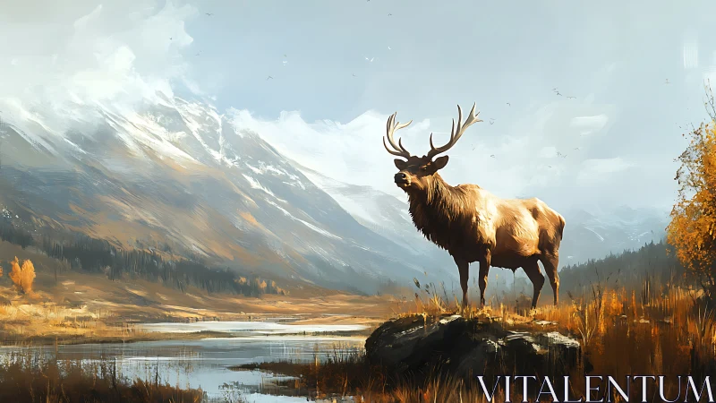 Elk stands on rock in autumn valley beneath snow mountains