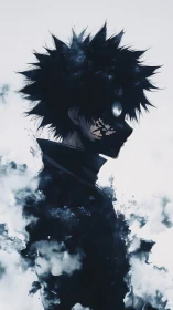 Silhouetted anime figure stands in smoke with glowing eye