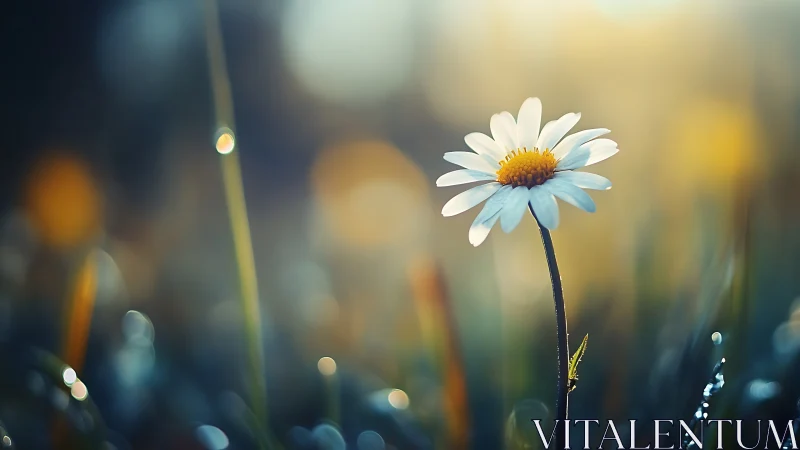 Sunlit loner daisy dreaming above a dewy meadow hush.