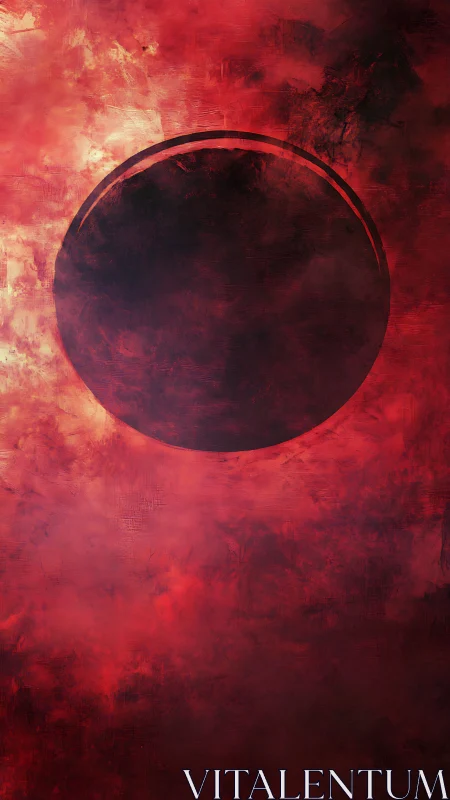 Crimson eclipse sphere emerges through burning misty sky.