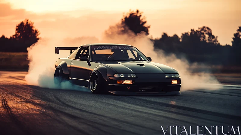 Midnight drift missile car carves smoke halos at sunset