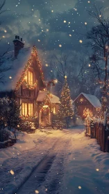 Snow-covered cottage displays illumination and seasonal decor