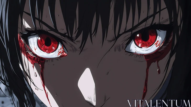Intense red-eyed anime stare with bleeding dramatic gaze.