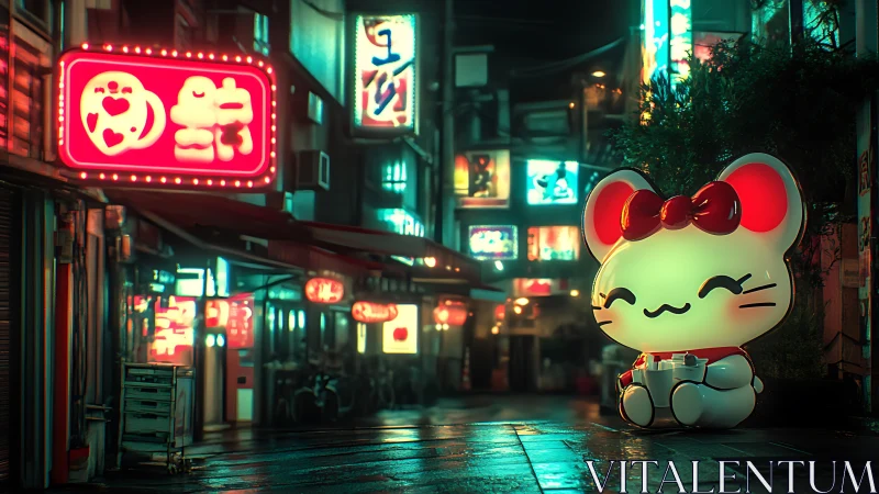 Neon alleyway with large cat mascot statue at night scene.