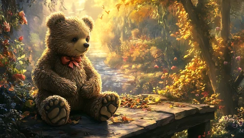 Stuffed bear sits on wooden platform beside sunlit stream