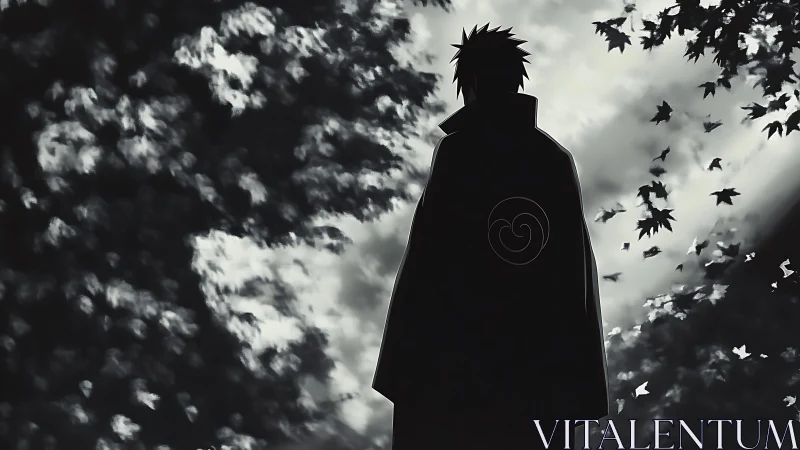 Silhouetted cloaked figure stands under cloudy sky at dusk