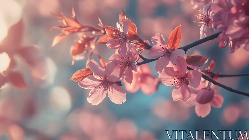 Cherry blossoms unfold delicate petals against dreamy turquoise horizons