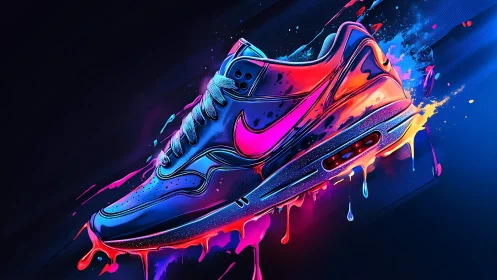 Neon sneaker explodes through liquid paint and light.