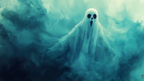 Gentle ghost adrift in teal misty midnight clouds.