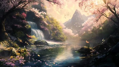 Digital fantasy valley with cherry blossoms and waterfall.