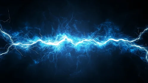 High-voltage blue electrical arc discharging across dark void