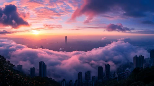 Sunrise light crosses dense fog over coastal city towers