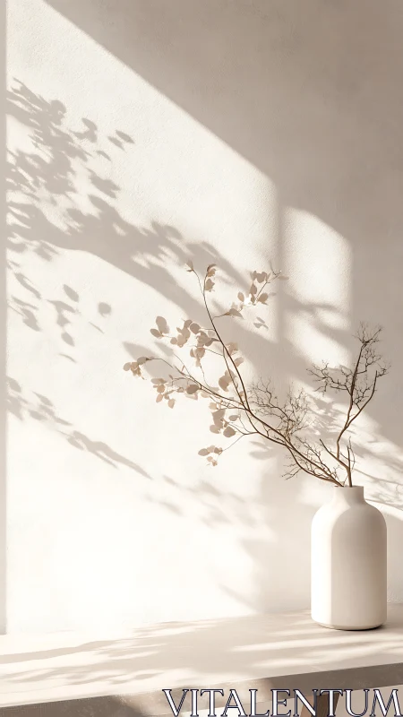 Dried branch in matte ceramic vase with strong wall shadows
