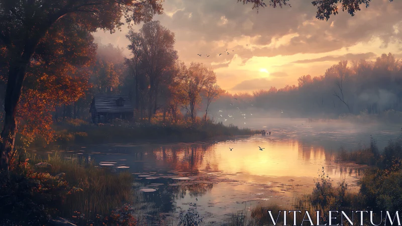 Sunlit autumn lake reflects forest cabin and distant birds