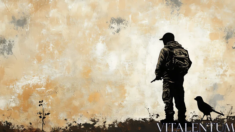 Silhouetted soldier and crow on textured ochre wall.