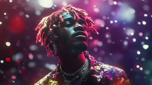 Color-saturated portrait under defocused bokeh lighting in shallow focus