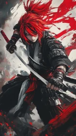 Red-haired swordsman holds drawn katana in dynamic stance