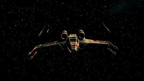 Starfighter gliding through quiet starlit deep space.