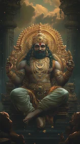 Golden storm-eyed deity throned in emberlit divinity.