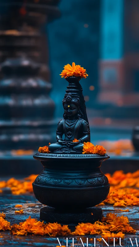 Stone deity statue with marigold flowers in outdoor setting.