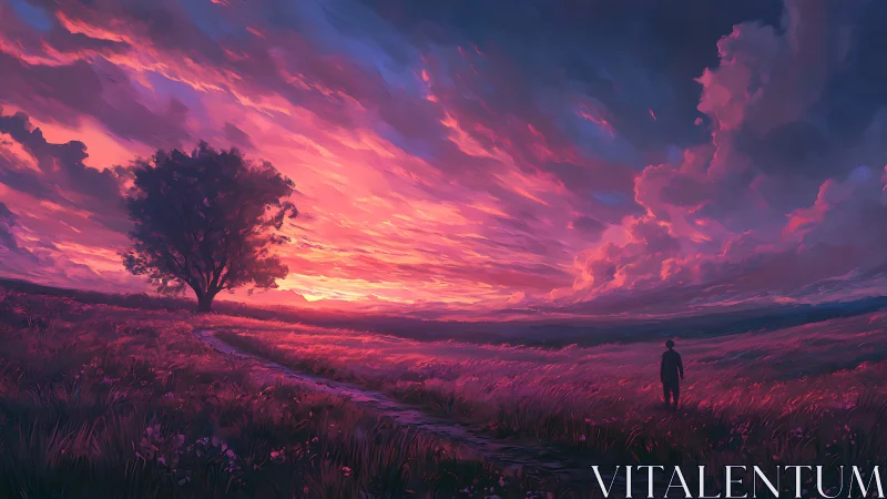 Twilight wanderer crossing a rose-lit dreaming meadow.