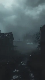 Fog-filled abandoned street shows derelict houses at dusk
