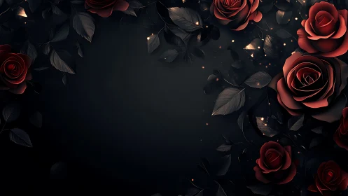 Crimson Roses Glow Against Darkness with Golden Sparkles.