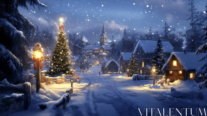 Snow-covered village street with illuminated Christmas tree.
