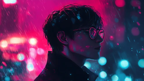 Side-profile subject stands in neon-lit rain with reflective glasses