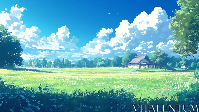 Sunlit meadow hush around a sleepy countryside home.