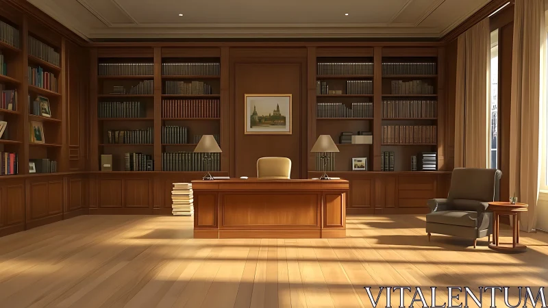 Wood-paneled executive office with bookshelves and desk.