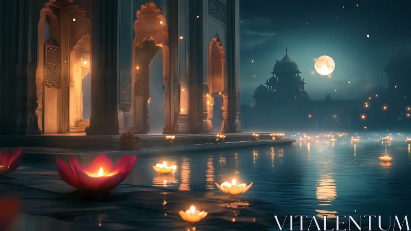 Moonlit temple lagoon hums softly with drifting diya constellations