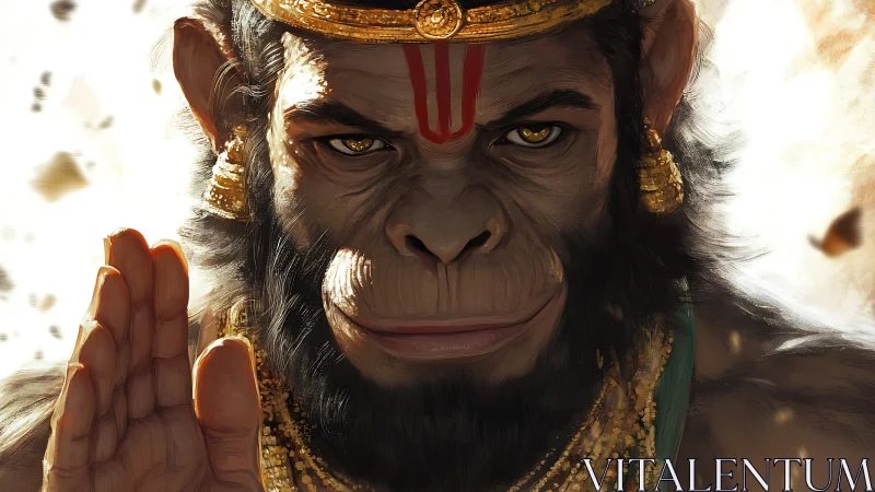Highly detailed simian deity portrait with ornate gold adornment