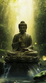 Buddha statue sits on lotus pedestal above small forest pool