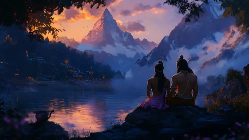 Mythic couple observing glacial lake under luminous dusk sky.