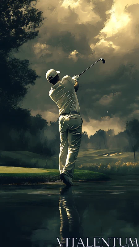 Golfer executing a dynamic drive under storm-lit evening sky