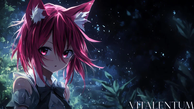 Starlit forest portrait of pink haired fox girl at night.